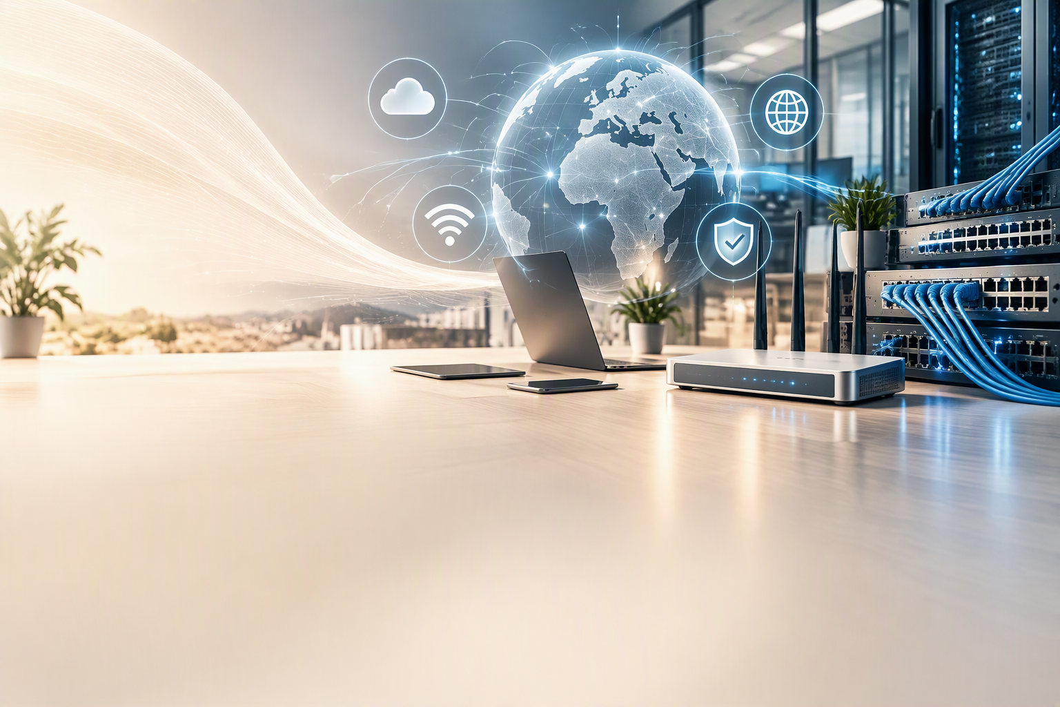 Ein konzeptionelles Bild von einem leuchtenden Globus mit digitalen Symbolen der Vernetzung, platziert auf einem Schreibtisch neben modernen Technolog