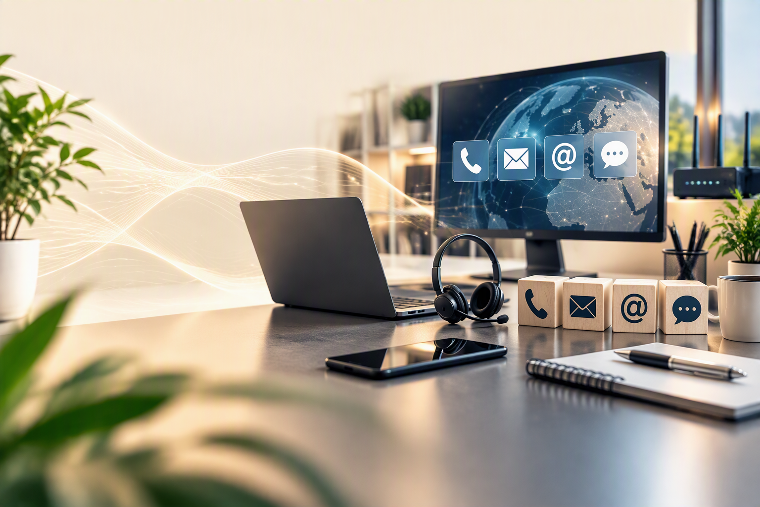 Ein modernes Büro mit offenem Laptop und einem Monitor, der eine globale Netzwerkverbindung darstellt.