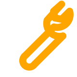 Ein stilisiertes orangefarbenes Schraubenschlüssel-Symbol auf schwarzem Hintergrund.